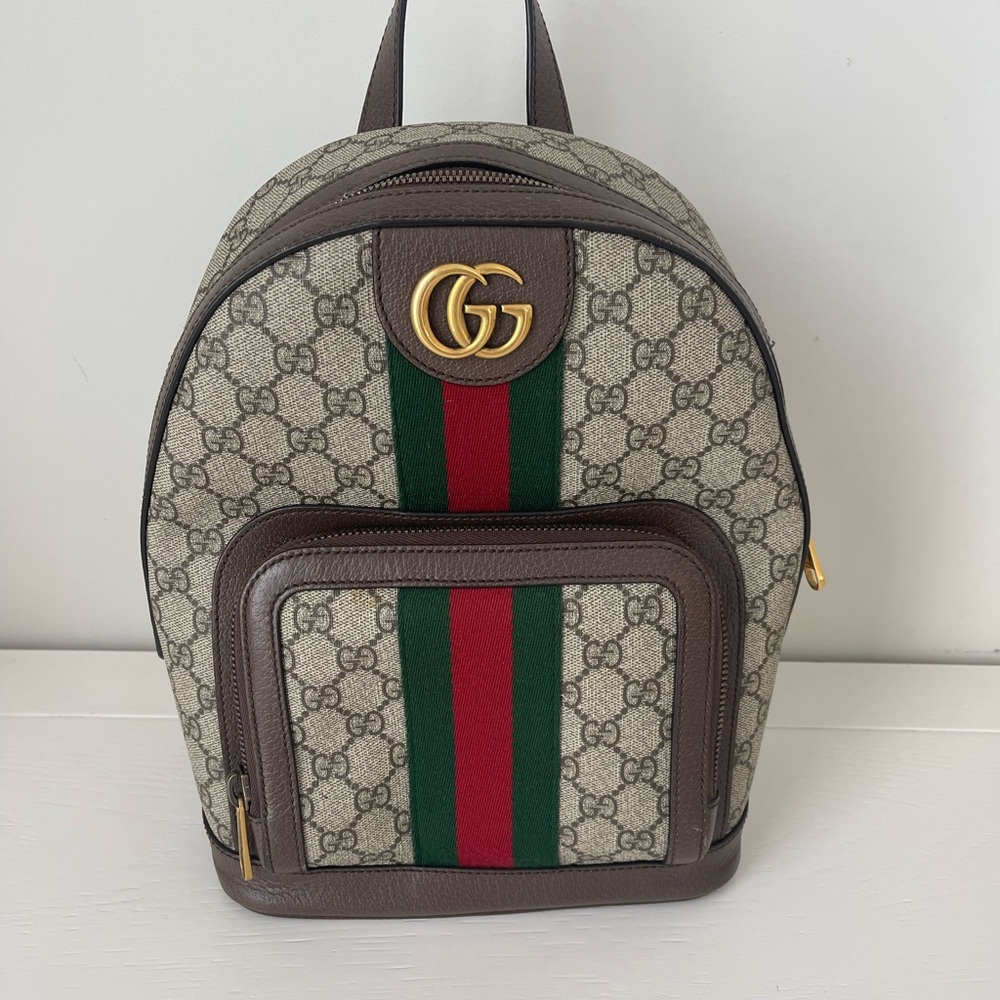 Gucci Monogram Ophidia Small Backpack with Red and Green Accent